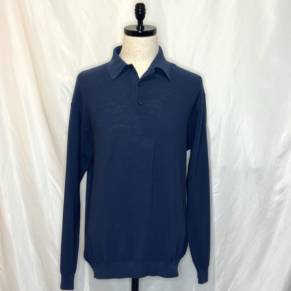 Andrea Fenzi Merino Wool Polo Sweater Mens Long Sleeve Italy Luxury Knit Blue 68